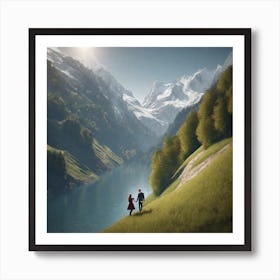 Couple Walking Down A Mountain Art Print