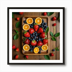 Top Down Shot of strawberries, blueberries, cherries, and oranges arranged symmetrically on a wooden platter. Sitting on a wooden table with leaves and cooking utensils on it 2 Art Print