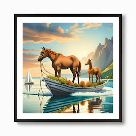 Horses In A Boat Art Print