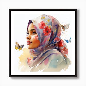 Watercolor Floral Muslim Arabian Woman #1 Art Print