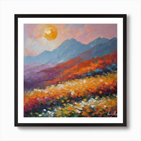 Sunset In The Mountains with flowers Art Print