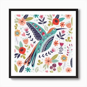 Hummingbird With Flowers Art Print