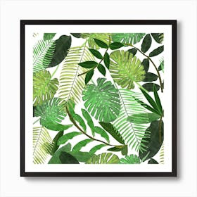 Green Tropical Watercolor Leaves Pattern Square Art Print