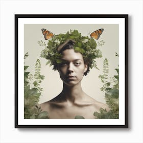 Woman With Butterflies On Her Head Art Print