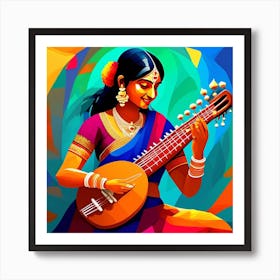 In An Oil Painting The Vibrant Essence Of A Joyous Indian Woman Playing The Sitar With Profound Enthusiasm Is Beautifully Depicted The Artwork Showcases The Woman In Meticulous Detail Exuding Pure 3 Art Print