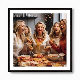 Group Of Women Eating Pizza Art Print