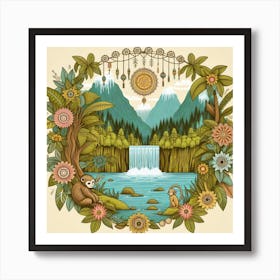 Monkey at the waterfall, Boho style Art Print