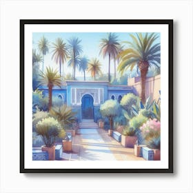Moroccan Garden watercolor pastell Jardin Majorelle Morocco Modern Blue Illustration 5 Art Print Art Print