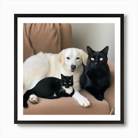 Three Cats And A Dog Art Print