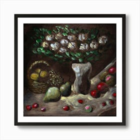 White Roses And Fruits - still life classical figurative old masters Anton Maliar square kitchen art Art Print