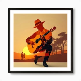 Silhouette Of A Man Playing Guitar Art Print