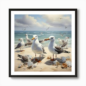 Seagulls On The Shore Square Art Print 2 Art Print