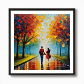 oil paint of Couple Walking In The Rain Art Print