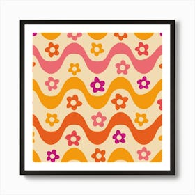 Groovy Hippie Flowers on Retro 70s Waves Art Print