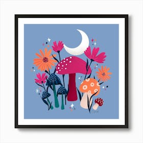 Mushrooms & Florals Moonstone Blue & Pink Square Art Print