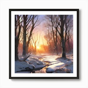 Winter Woodland Stream at Sunset 1 Art Print