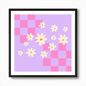 Daisies And Grids - pink and violet Art Print