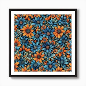 Blue And Orange Flowers Art Print