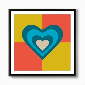 LOVE HEARTS CHECKERBOARD Single Retro Alt Valentines in Teal Blue Cream on Orange Yellow Geometric Grid Art Print