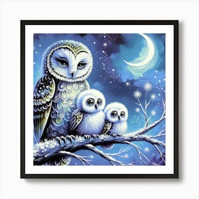 Whimsical Owl and Baby Owls on Branch Deco Style Art Print