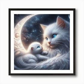 White Cat And Kitten On The Moon Art Print