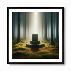 In the heart of the misty woods, where whispers of forgotten secrets dance in the gentle breeze, an ancient stone altar stands as a silent guardian, its weathered surface etched with runes that speak of a forgotten past. Art Print