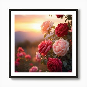 Bouquet Of Mixed Red And Pink Roses Peonies Delicately Woven Into Vines Soft Focus With Scattered (1) Art Print