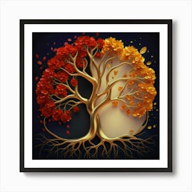 Template: Half red and half black, solid color gradient tree with golden leaves and twisted and intertwined branches 3D oil painting 3 Art Print