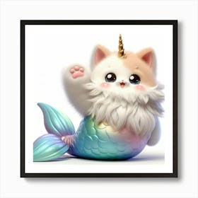 Fluffy 3D image of mermaid caticorn 1 Art Print