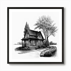 Black And White House Painting,Freehand_pencil_deep_black_outline_drawing_of_a_home 1 Art Print