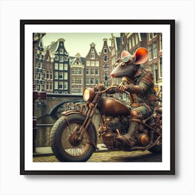 Steampunk Rat On A Motorcycle In The Center Of Amsterdam 3 Art Print