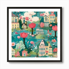 Spring City Seamless Pattern Art Print 0 Art Print