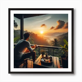 Man in balcony Looking At The Sunset Art Print