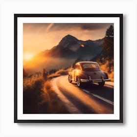 Vintage Car On The Road At Sunset Art Print