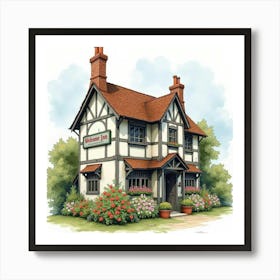 A Traditional English Country Inn With A Welcoming Sign And Flowers, Watercolor Style 1 Art Print