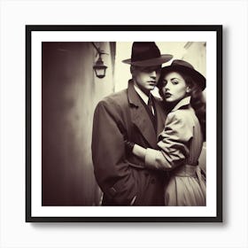 Rendezvous 3/4   (art noir detective Maltese falcon sleuth private dick eye pi trench coat couple romance secret desire 1950s 1940s 1930s 1920s movie black and white Casablanca)     Art Print