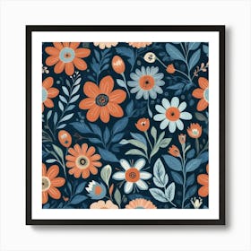 Folk Flowers Blue Art Print 0 Art Print