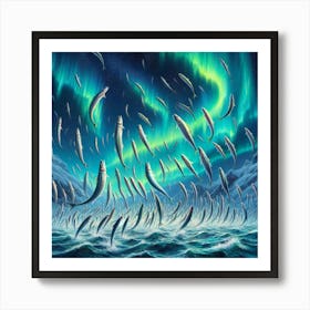 Sardines Dancing Under The Northern Lights In The Arctic Ocean, Style Realistic Oil Painting 3 Art Print