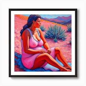 Woman Sitting In The Desert Art Print