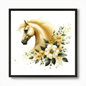 Golden Horse With Flowers Art Print