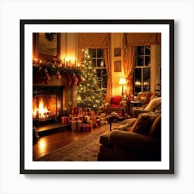 A Cozy Winter Evening By A Roaring Fireplace An Ornately Decorated Christmas Tree Situated In The C (3) Art Print