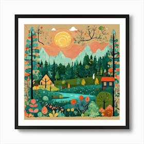 Art Drawing Forest Scene Folk Art Style Inspired B (2) Art Print