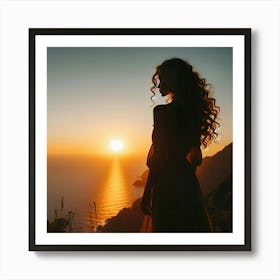 Silhouette Of A Woman At Sunset Art Print