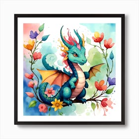 Blue Dragon With Flowers Art Print