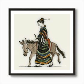 Asian Woman Riding A Donkey Art Print