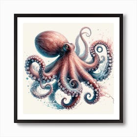 Sea Octopus In Motion, Sea Octopus Watercolour Art Print 4 Art Print