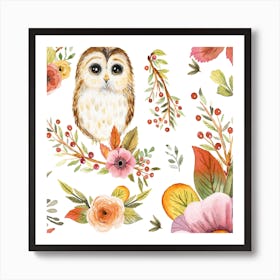 Owls With Flowers Terracotta Green Square Art Print