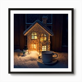 Firefly Cup, Cozy, Miniature, House, Illuminated, Windows, Snowy, Landscape, Snowman, Winter, Warmth (3) Art Print