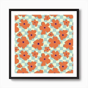 Orange Floral with Lite Blue Checkers  70's Vibes Art Print