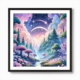 A Fantasy Forest With Twinkling Stars In Pastel Tone Square Composition 267 Art Print